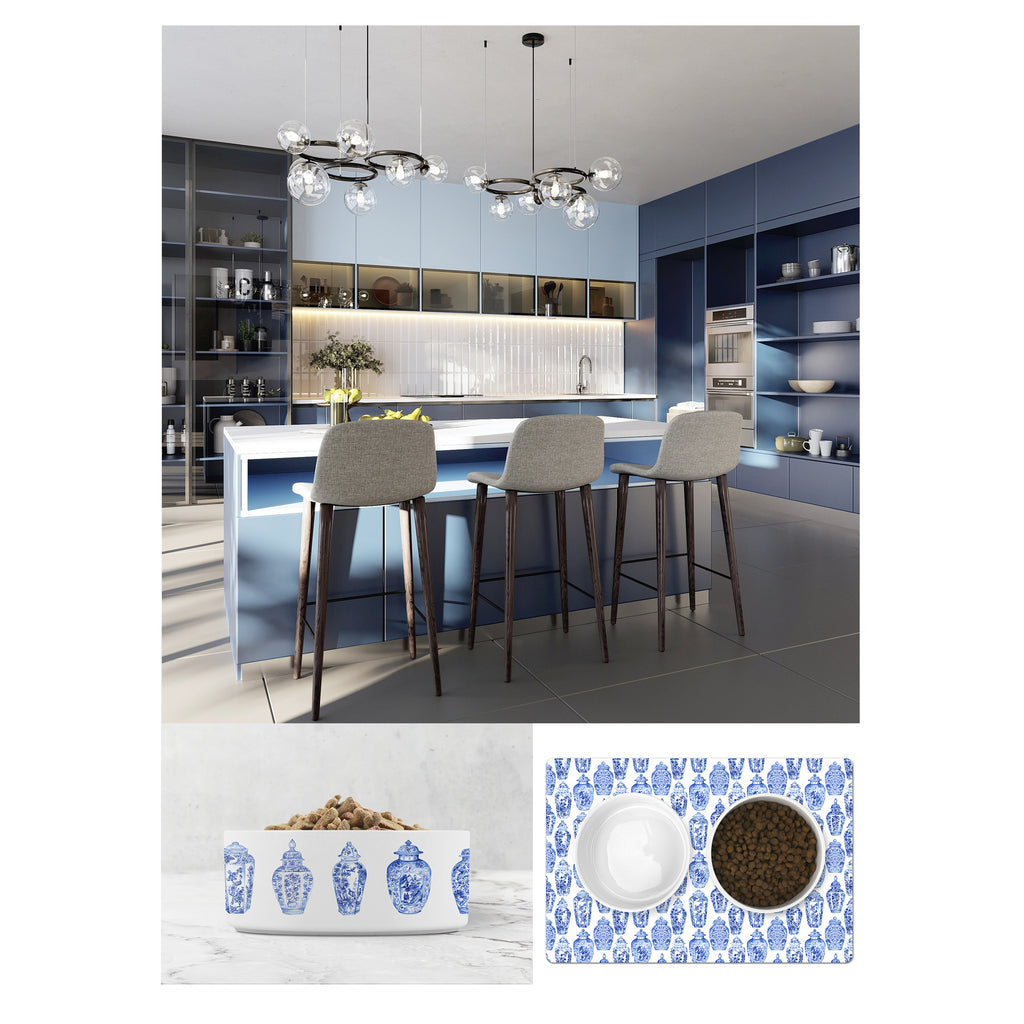 Blue & White Kitchen with Blue & White Chinoiserie Pet Bowls & Feeding Mat