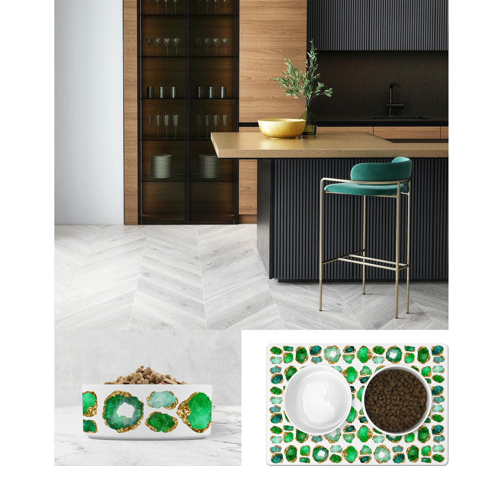 Modern Kelly Wearstler Style Kitchen with Emerald Green Jewel Pet Bowls & Placemat