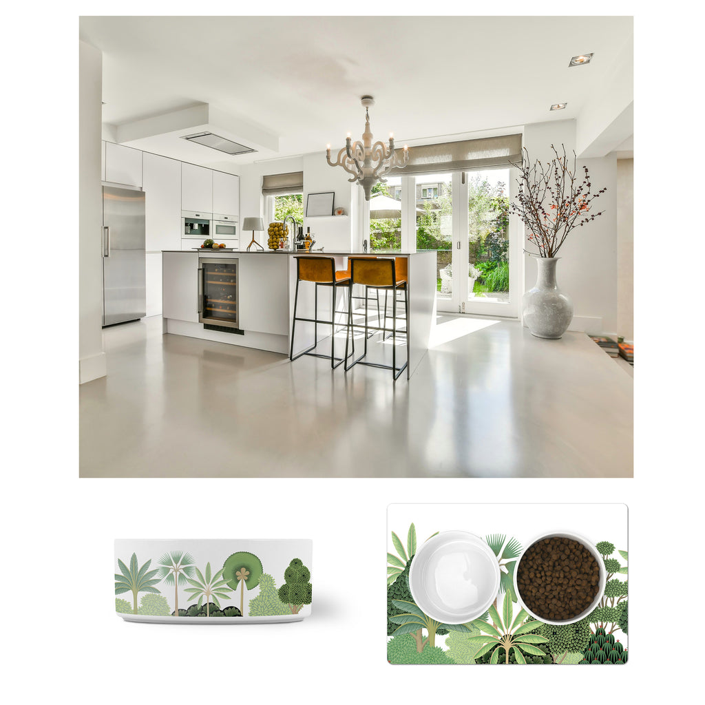 Minimalist Kitchen with Tropical Trees Mughal Garden Pet Bowls & Pet Food Mat