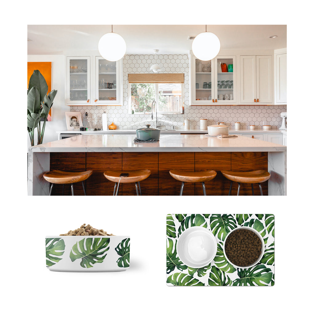 Modern Tropical Kitchen with Monstera Palm Leaf Pet Bowls & Pet Food Mat