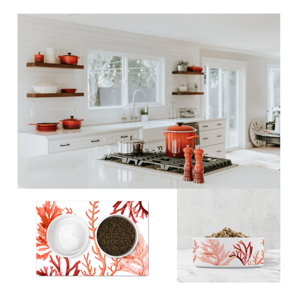 Coastal Kitchen | White Kitchen with Red Accents & Red Coral Pet Bowls and Pet Food Placemat