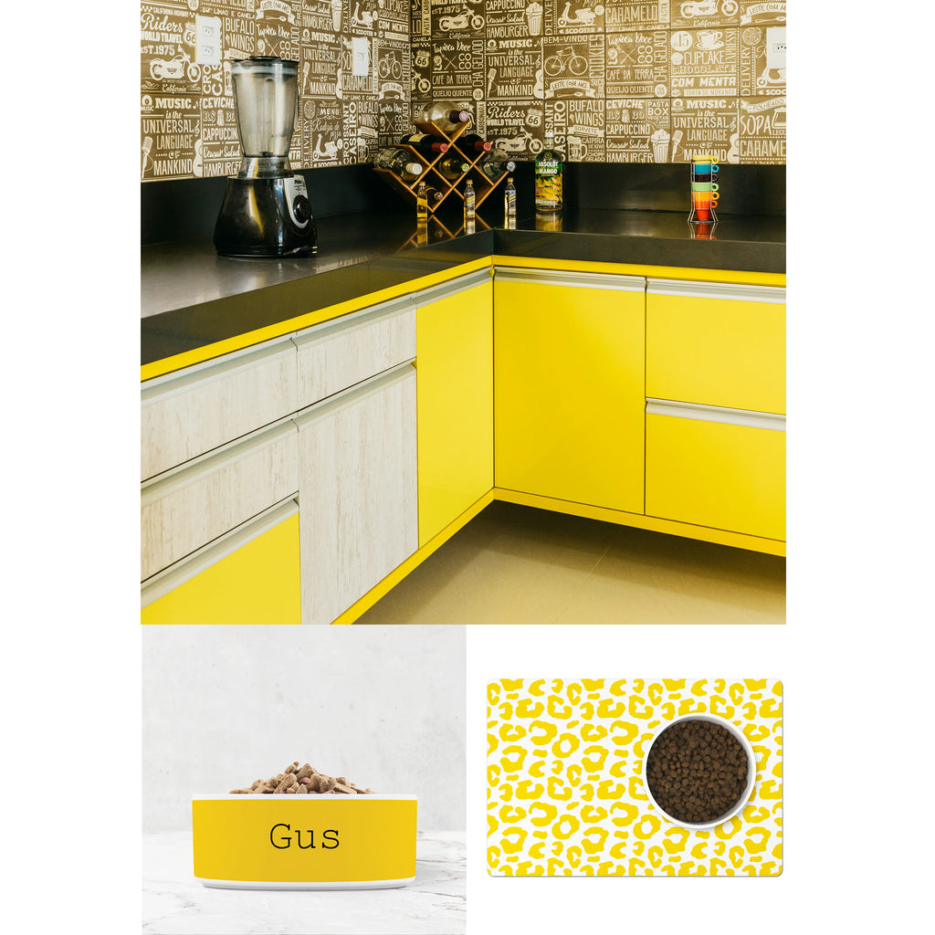 Yellow & Black & White Kitchen with Matching Personalized Yellow Dog Bowl & Feeding Mat