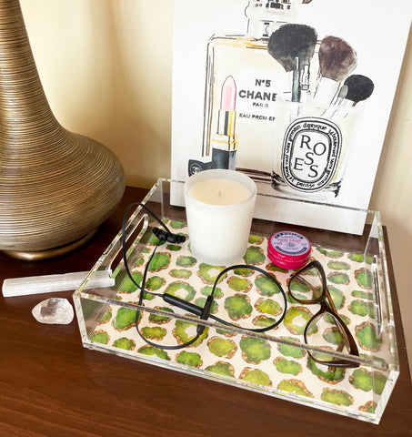 Bedside Table Tray for reading glasses, books, lip balm, headphones, phone and more.