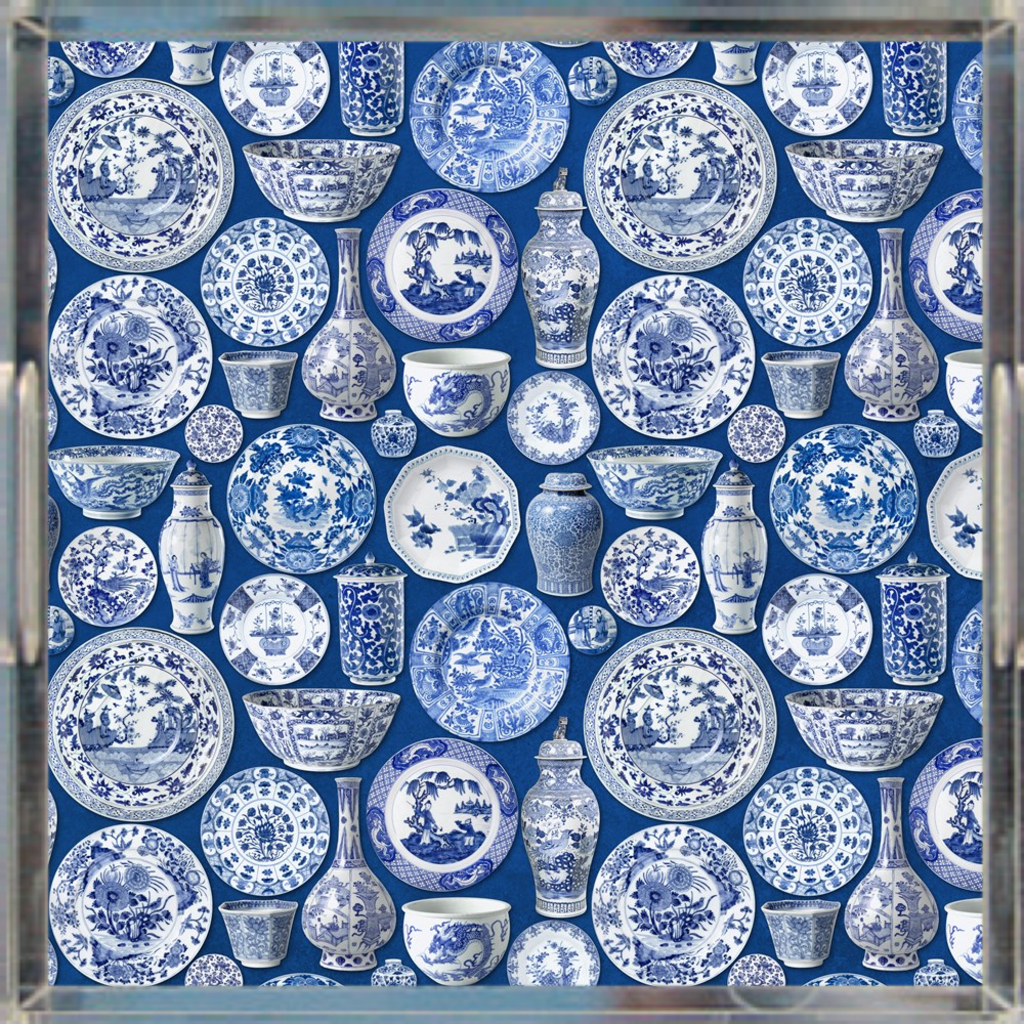 Chinoiserie Pottery Print Acrylic Tray, Blue & White 12" x 12"