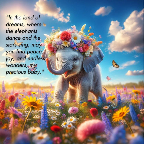 "In the land of dreams, where the elephants dance and the stars sing, may you find peace, joy, and endless wonders, my precious baby."
