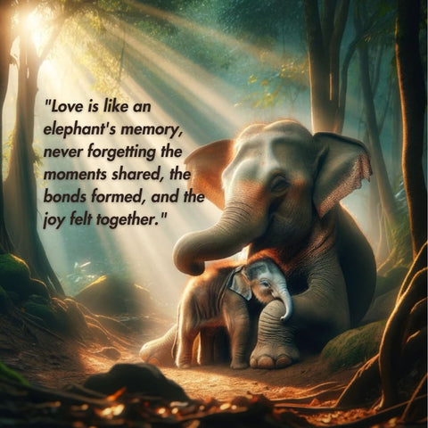 "Love is like an elephant's memory, never forgetting the moments shared, the bonds formed, and the joy felt together."