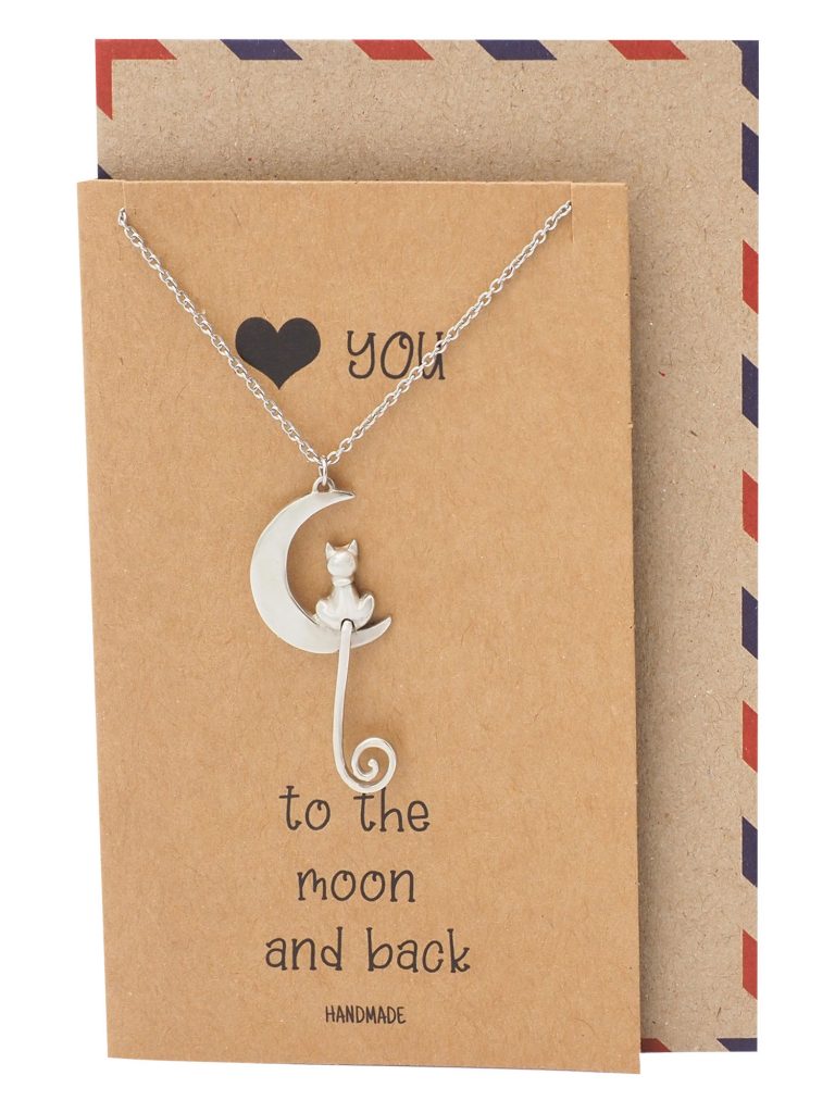 Jazlyn Cat and Moon Pendant Necklace, Gifts for Cat Lovers with Greeting Card