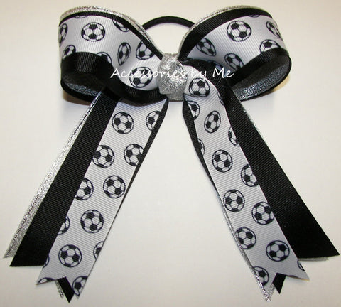 Soccer Black Silver Ponytail Holder Bow