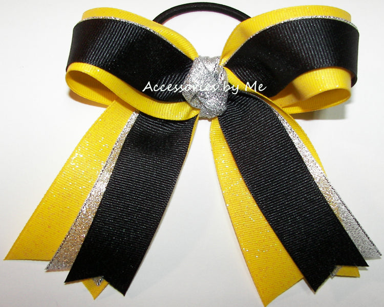 Kina Kassér At placere Black Silver Yellow Glitter Ribbon Bow, Sparkly Black Yellow Cheer Bow –  Accessories by Me, LLC