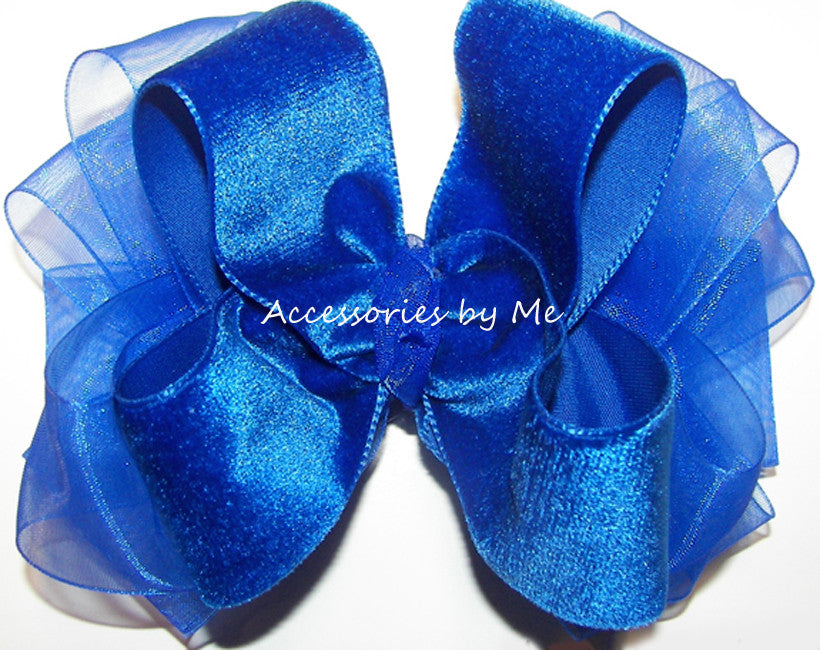 Large Blue Hair Bow - Velvet Bow with Pearl Embellishment - wide 8