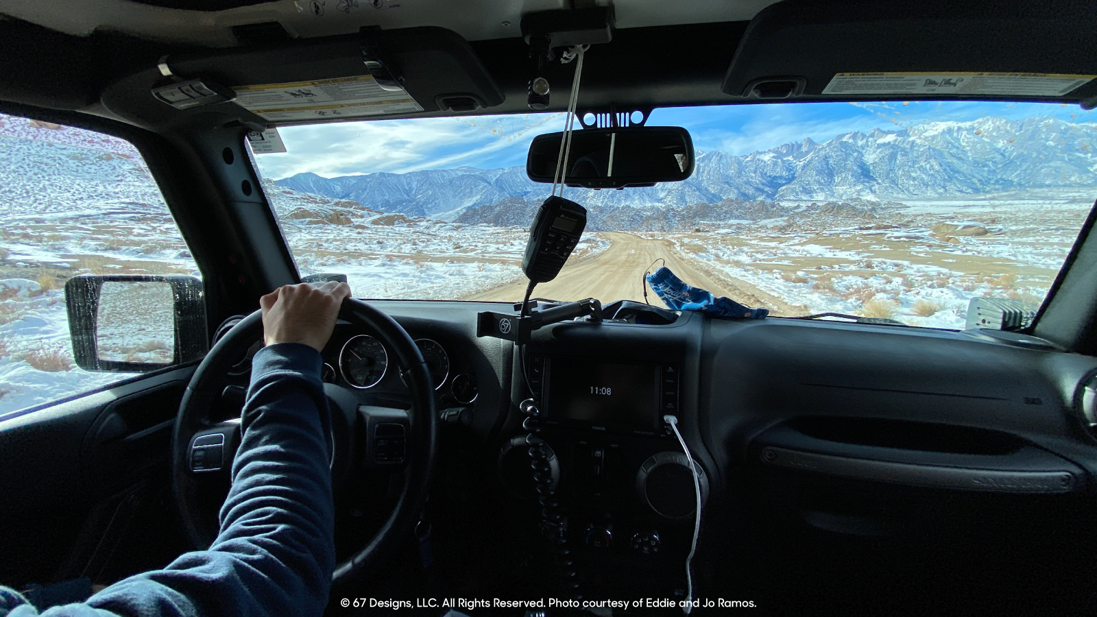 View out the dash of while offroading