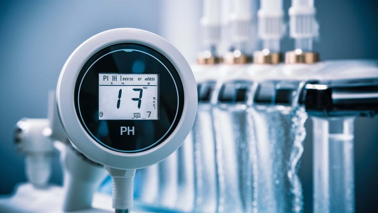 A digital pH meter shows the precise pH level of reverse osmosis water, highlighting its purity and neutrality.