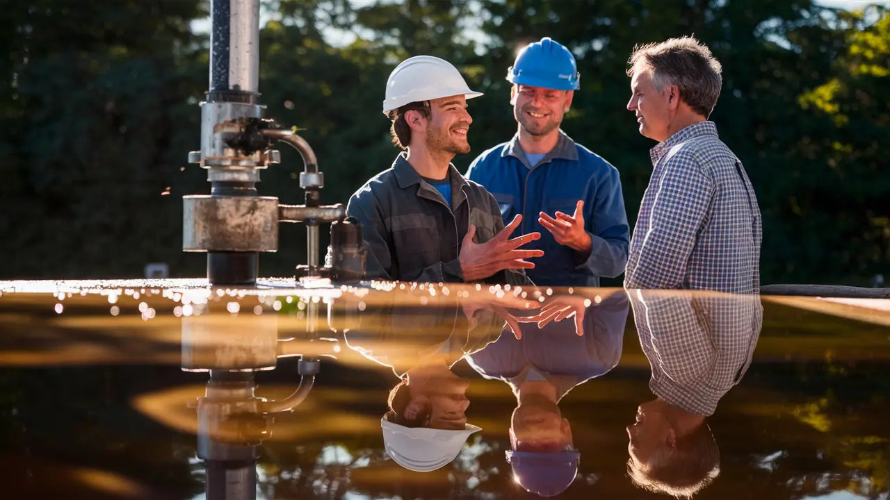 a construction foreman talking to a client about removing iron from their well