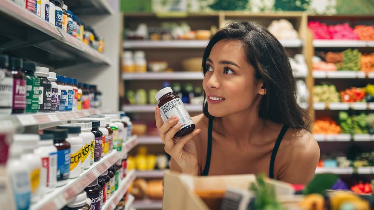 a woman is buying a probiotc to help her belly fat