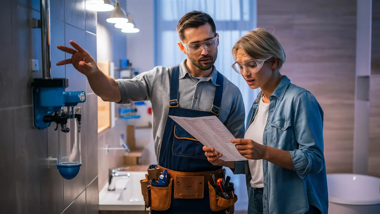 a woman talking to her plumber about installing a whole house reverse osmosis system