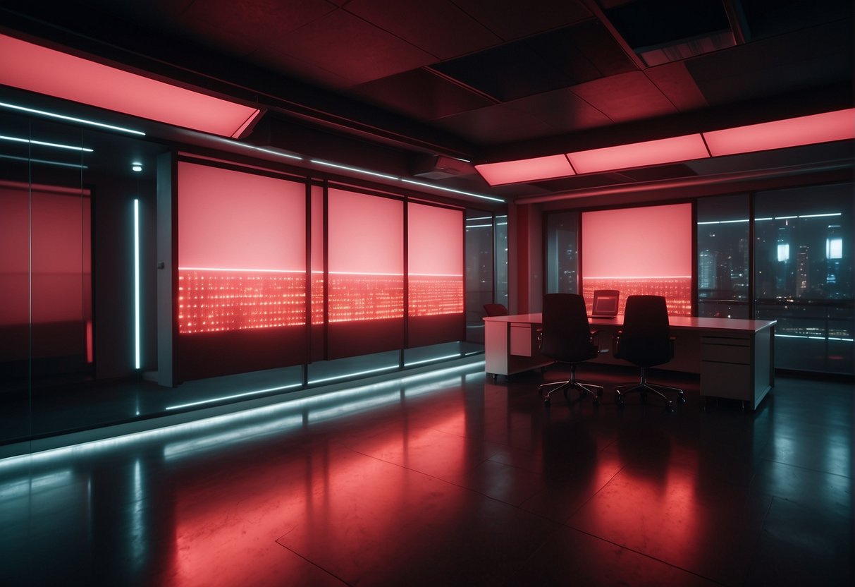 A room with red light panels targeting inflamed areas