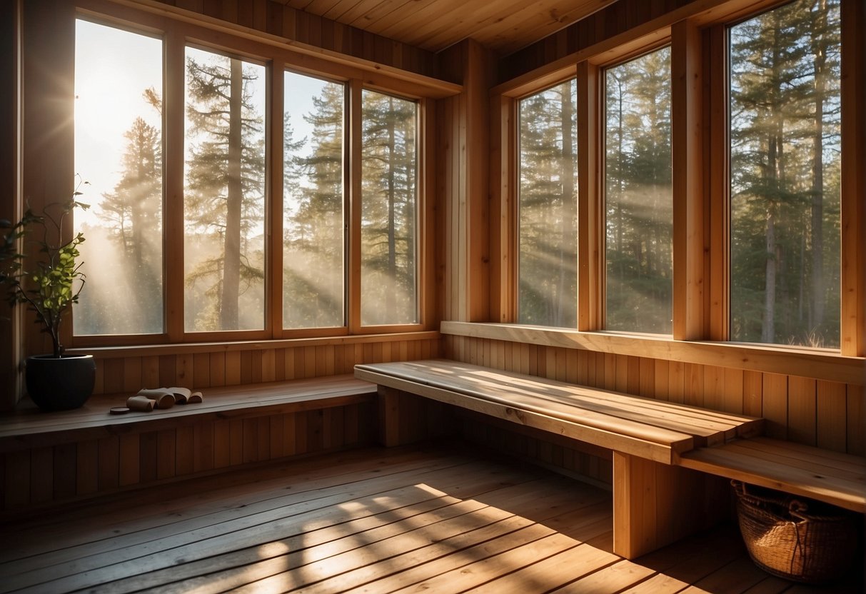 Sunlight streams through a window onto a modern sauna, with sleek wooden panels and soft, ambient lighting. A serene and inviting atmosphere is created, perfect for relaxation