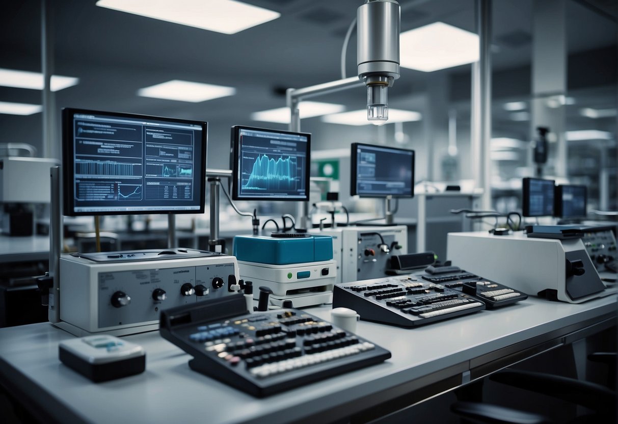 A laboratory setting with electromagnetic field equipment, safety signs, and regulatory documents displayed prominently