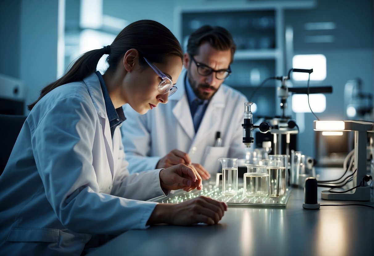 A laboratory setting with scientific equipment and researchers studying the effects of molecular hydrogen on mental health