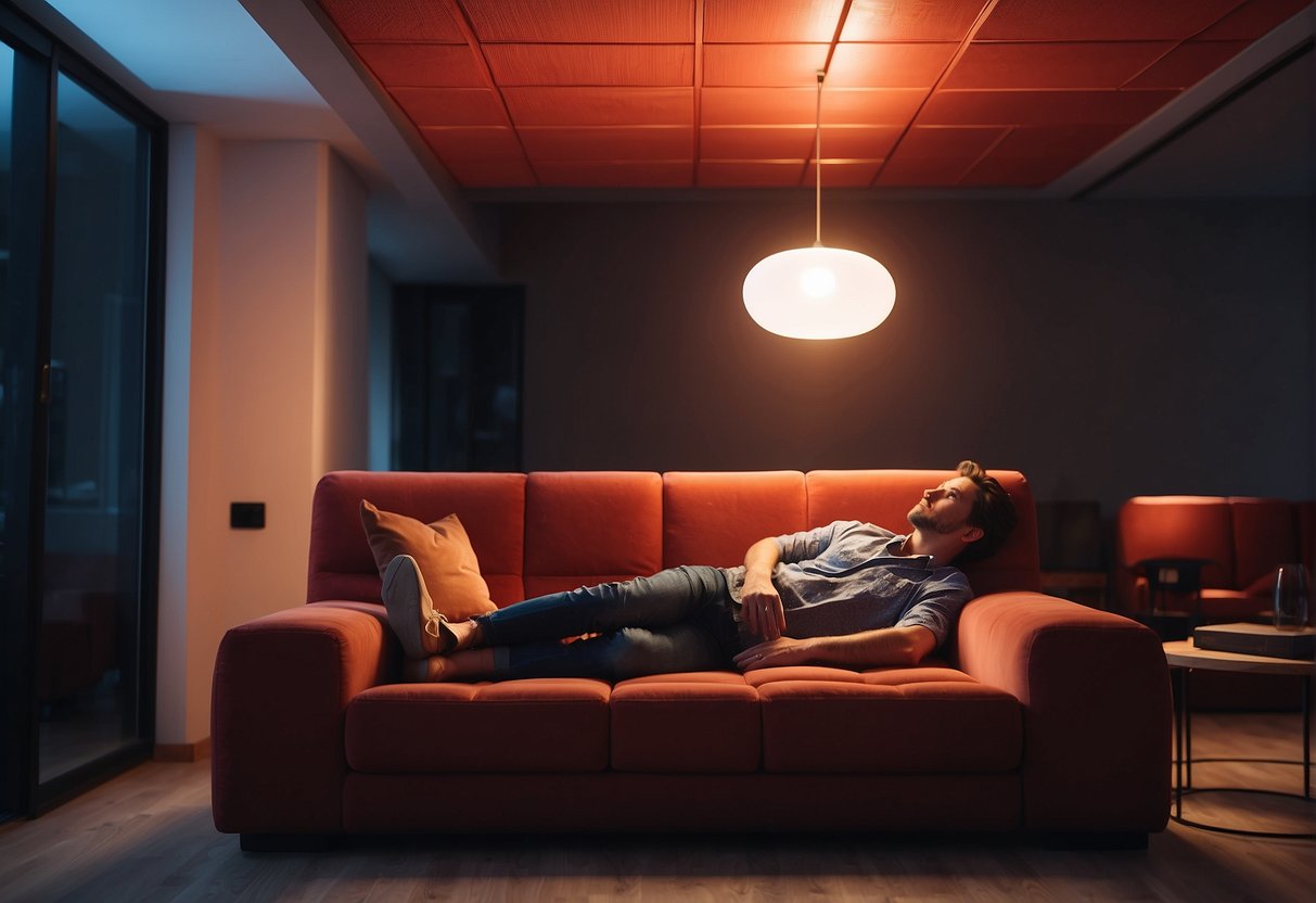 A room with red light panels, emitting a warm glow. A person sitting or lying comfortably under the lights, surrounded by a peaceful and relaxing atmosphere