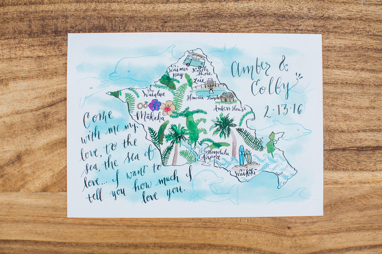 O'ahu Hawaii Map Wedding Invitations Island Ocean Dolphins