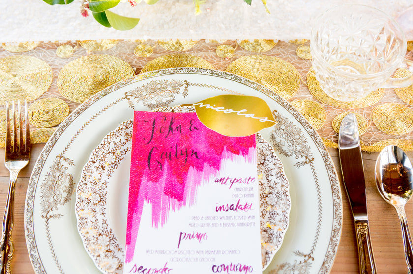 Watercolor Gold Foil Wedding Menu Place Cards Magenta Calligraphy