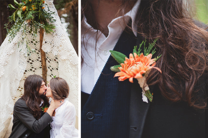 Boho Bohemian Forest Wedding Pigment & Parchment Northern California Boutineer Groom Kiss Bride Tee Pee