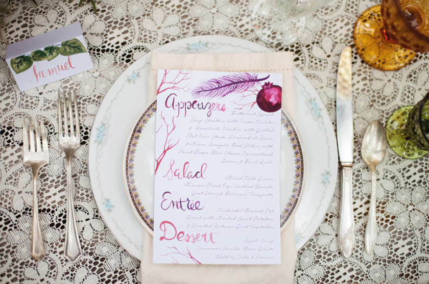 Boho Bohemian Forest Wedding Pigment & Parchment Northern California Menu Feather Pomegranate Place Setting Table Place Card