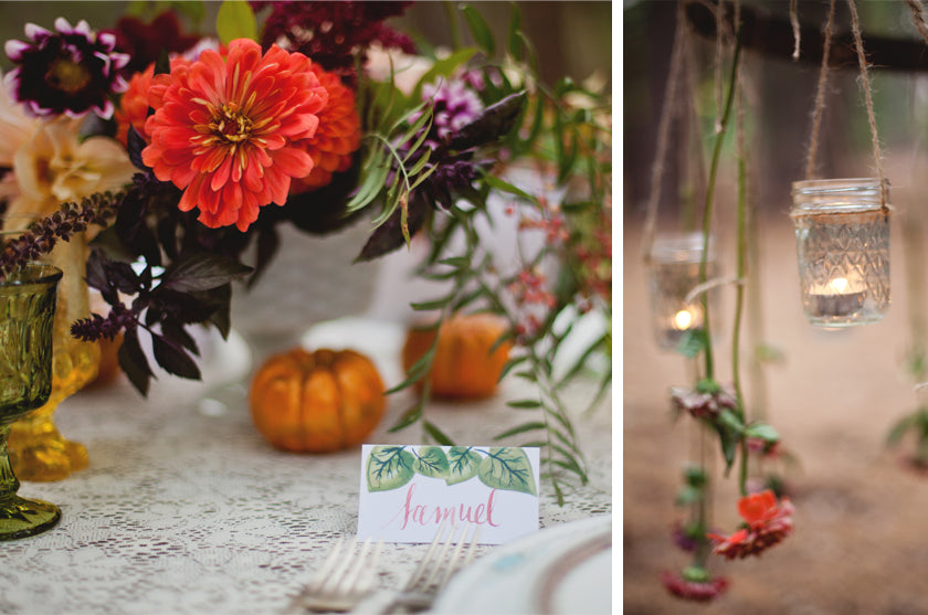 Boho Bohemian Forest Wedding Pigment & Parchment Northern California Place Card Hanging Flower Chandelier Lace Calligraphy