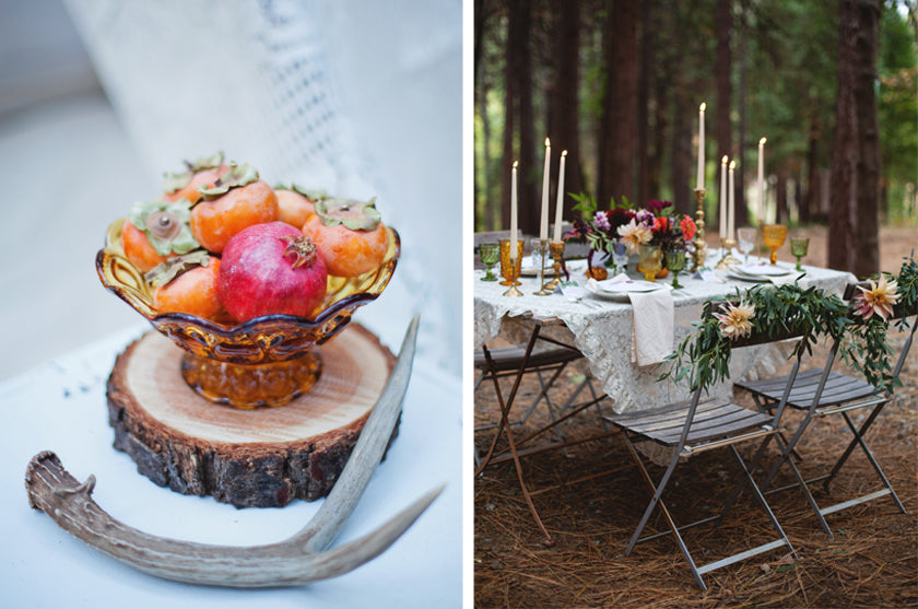 Boho Bohemian Forest Wedding Pigment & Parchment Northern California Dinner Chair Backs Place Setting Nature Taper Centerpieces Persimmons