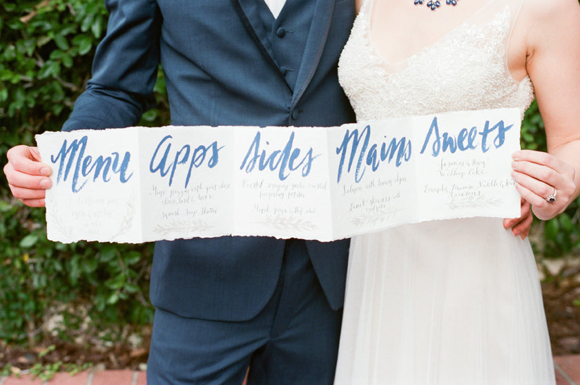 Calligraphy Menu Wedding  Accordion Foodie Bride Groom Brush Lettering Blue Sapphire Hand Painted