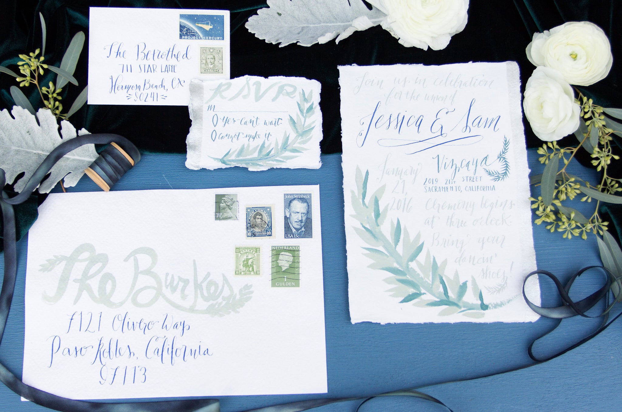 Blue Calligraphy Greenery Watercolor Silk & Willow Hand Made Vintage Stamps Pigment and Parchment Velvet