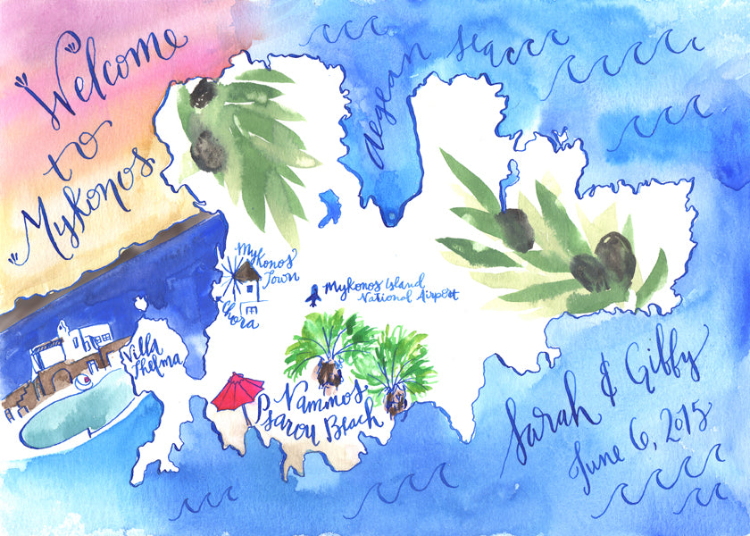 Greek Wedding Map Hand Painted Illustrated Calligraphy Destination 