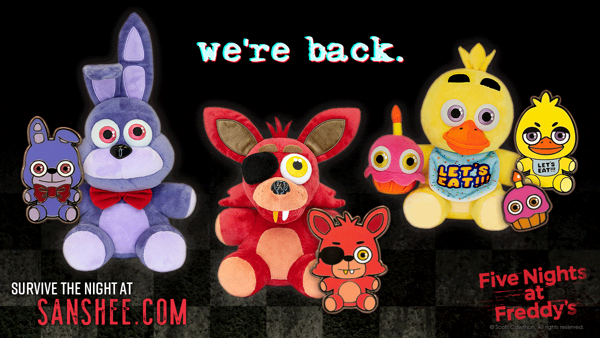 Five Nights at Freddy's is back here at Sanshee! Our FNAF plushes (officially licensed by Scott Cawthon and Scottgames) have been restocked and they're better than ever! Come get your very own Chica the Chicken with Mr. Cupcake, Bonnie the rabbit, and Freddy Fazbear himself. Relaunched with brand new Collector's Enamel Pins, we're happy to celebrate! this occasion with you! Not only that, we've launched our best Black Friday and Cyber Monday Sale. An awesome discount and great deals at Sanshee.com where you can get 15% off your purchase of $40 or more when you use code CHEER at checkout on your cart. We've got you covered for all of your indie titles, video games from PC, XBOX and Playstation, popular anime titles and nerdy pop culture needs with our officially licensed merch.