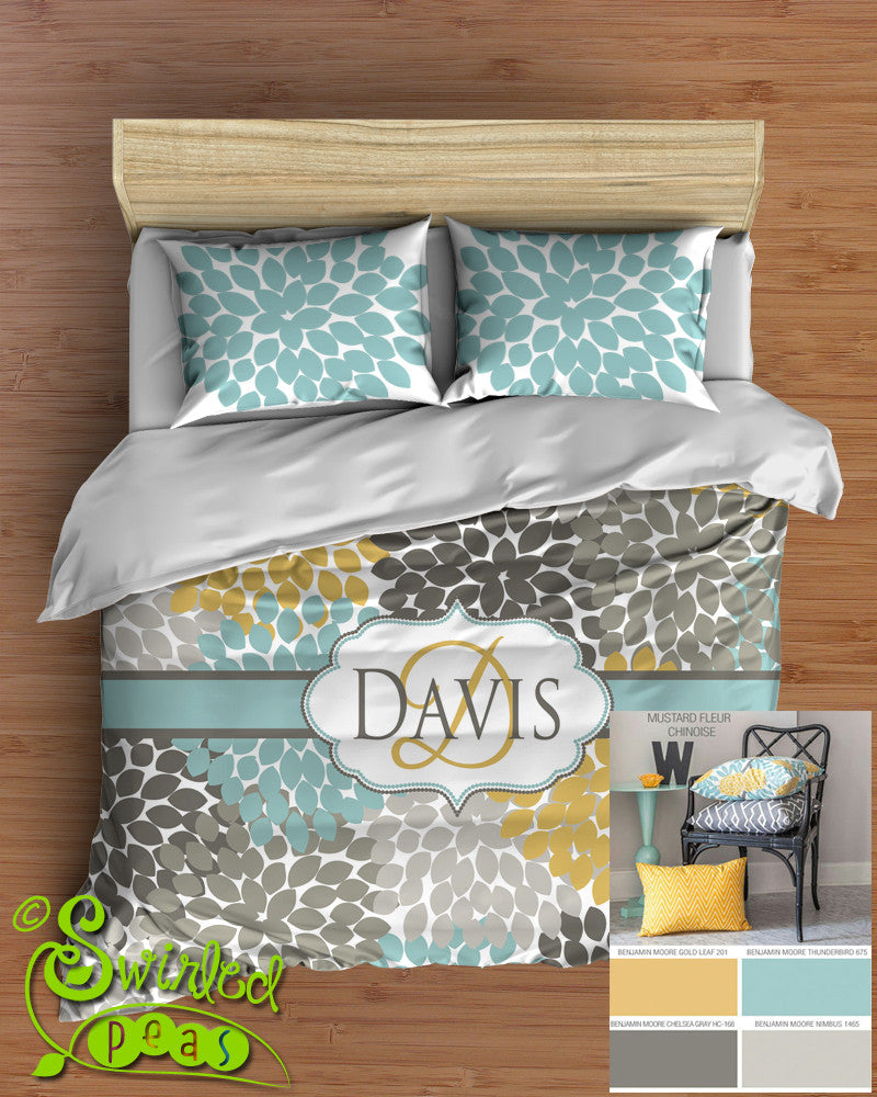 Floral Bedding Comforter Or Duvet Dahlia Flowers Yellow Aqua And