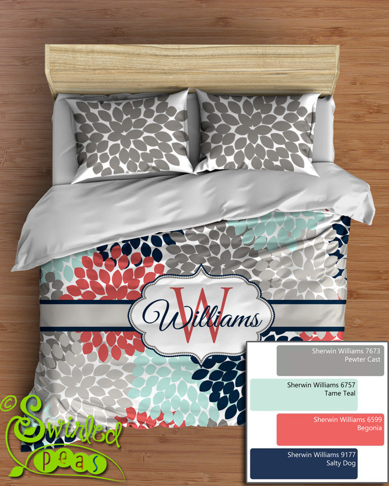 Floral Bedding Comforter Or Duvet Personalized Navy Coral Aqua