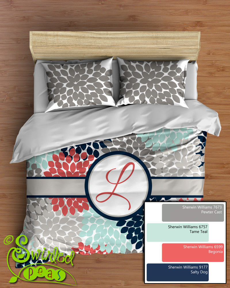 Dahlia Floral Comforter Or Duvet Bedding Set Monogrammed Navy