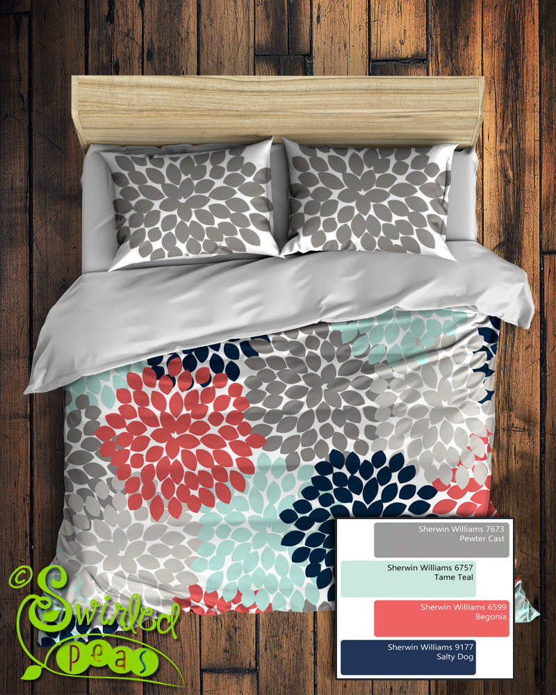 Floral Bedding In Comforter Or Duvet Best Selling Navy Coral Gray And Aqua Dahlia Flower Design