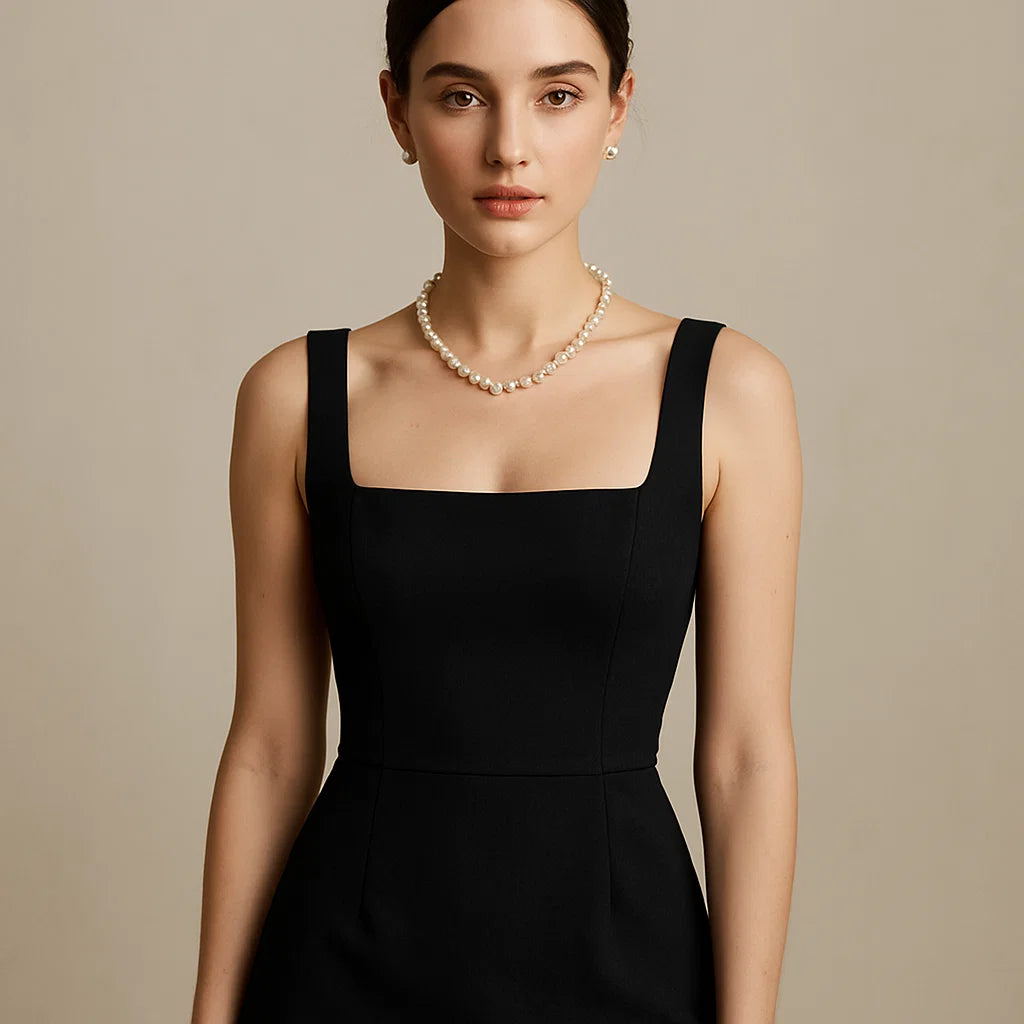 little black dress with pearls