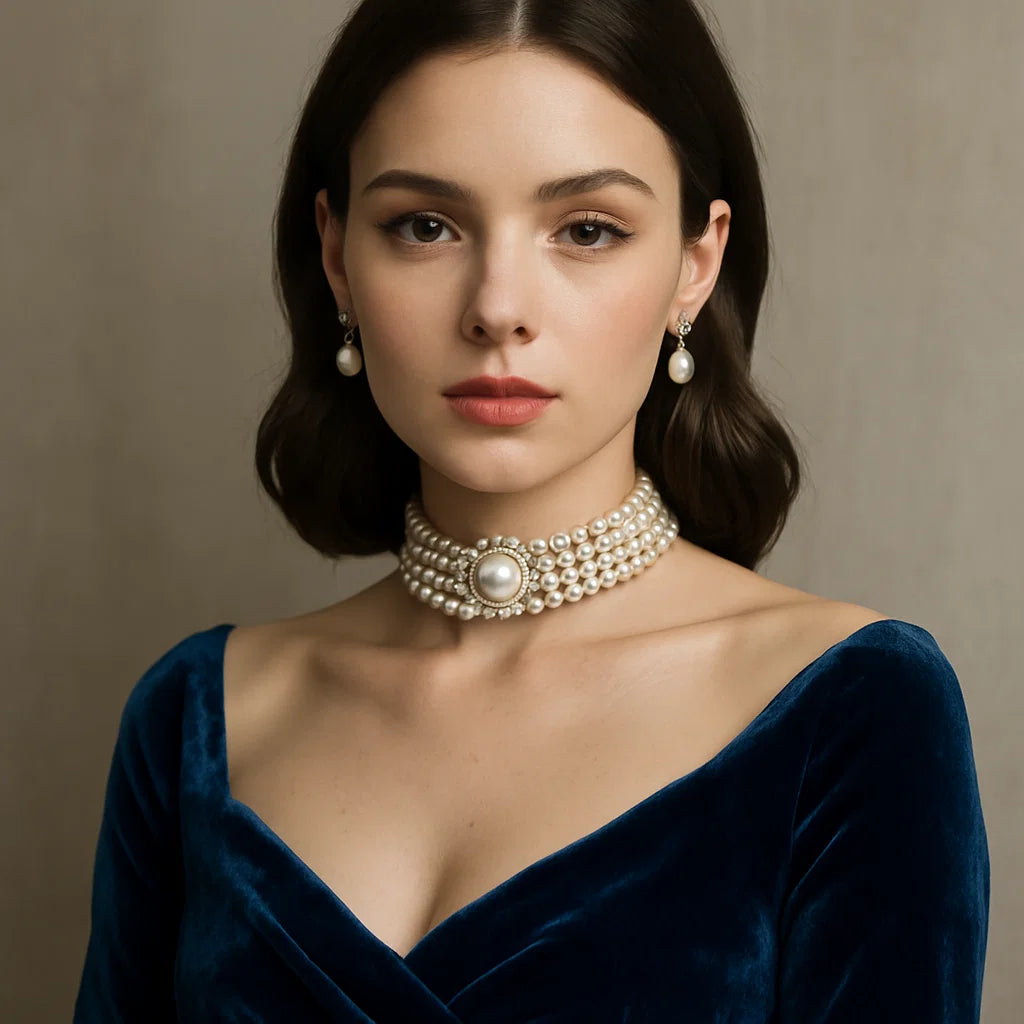 blue velvet dress with pearl choker