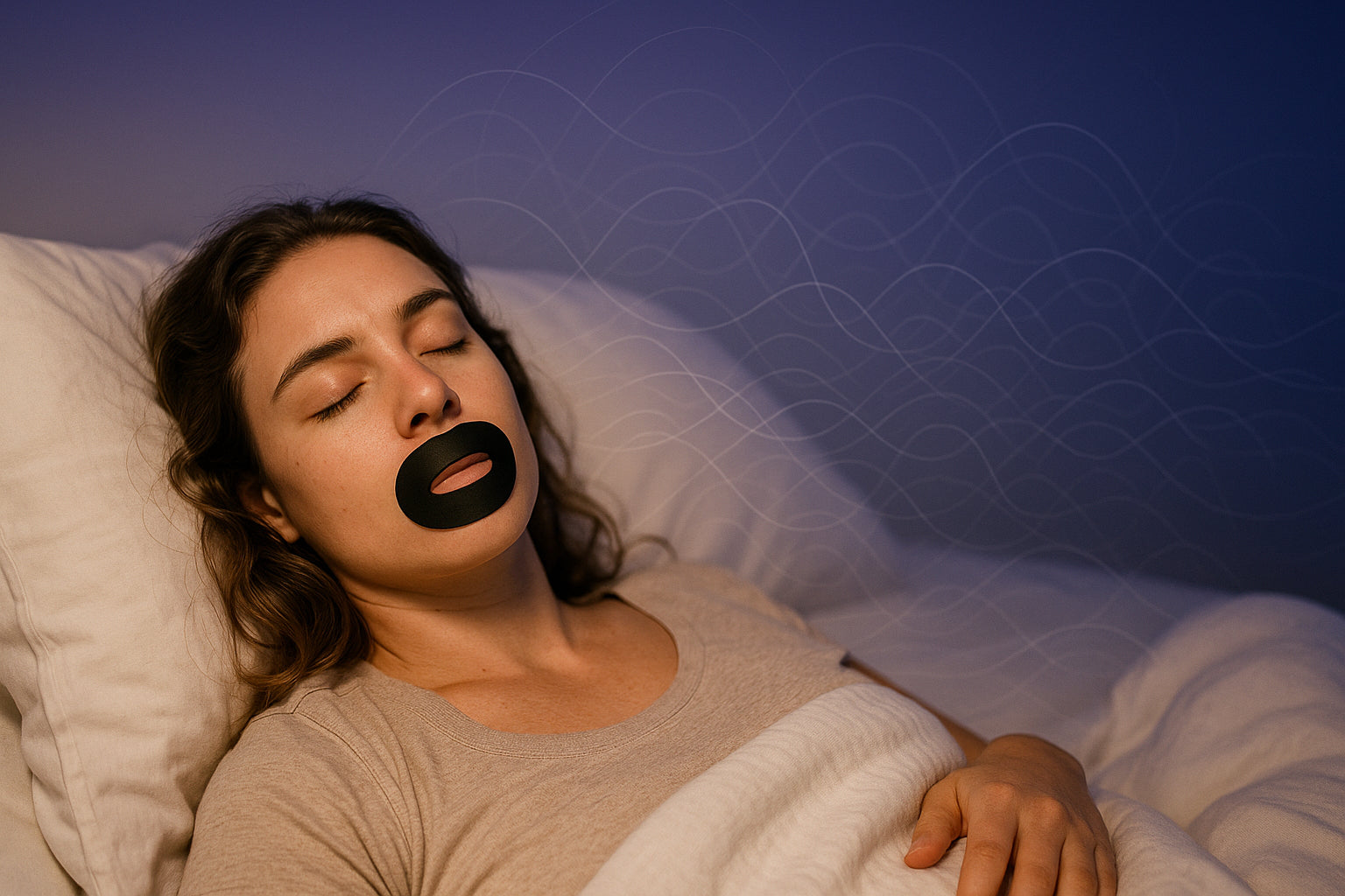 Peaceful sleep scene featuring Muzzle Sleep's black oval mouth-tape in a cozy bedroom setting.