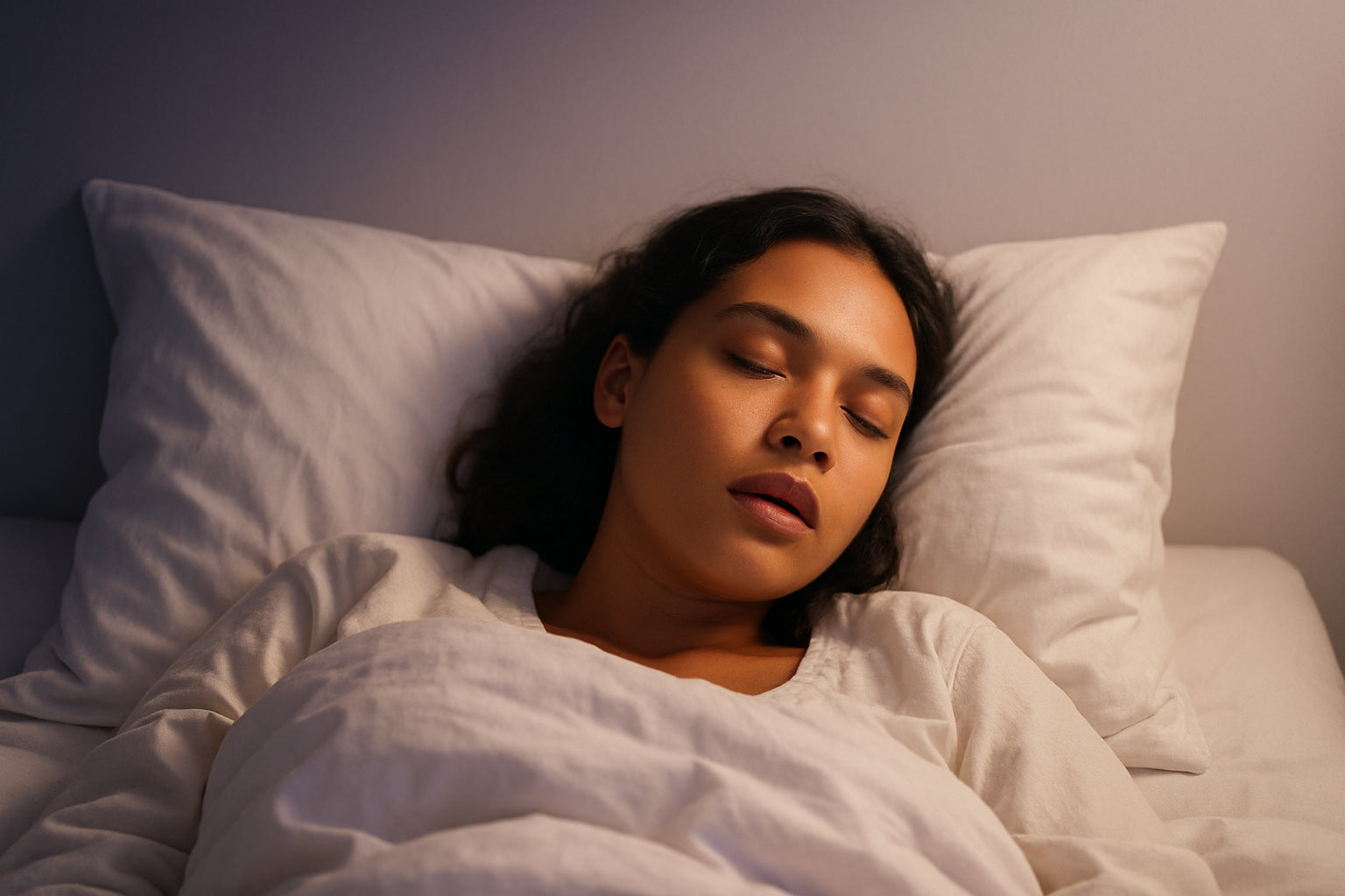 Serene sleeping face in a calm bedroom with soft lighting and gradient linens.