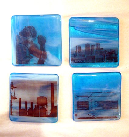 Fused glass coasters by local artist Mimi Boston. $22 each or $75 for a set of 4