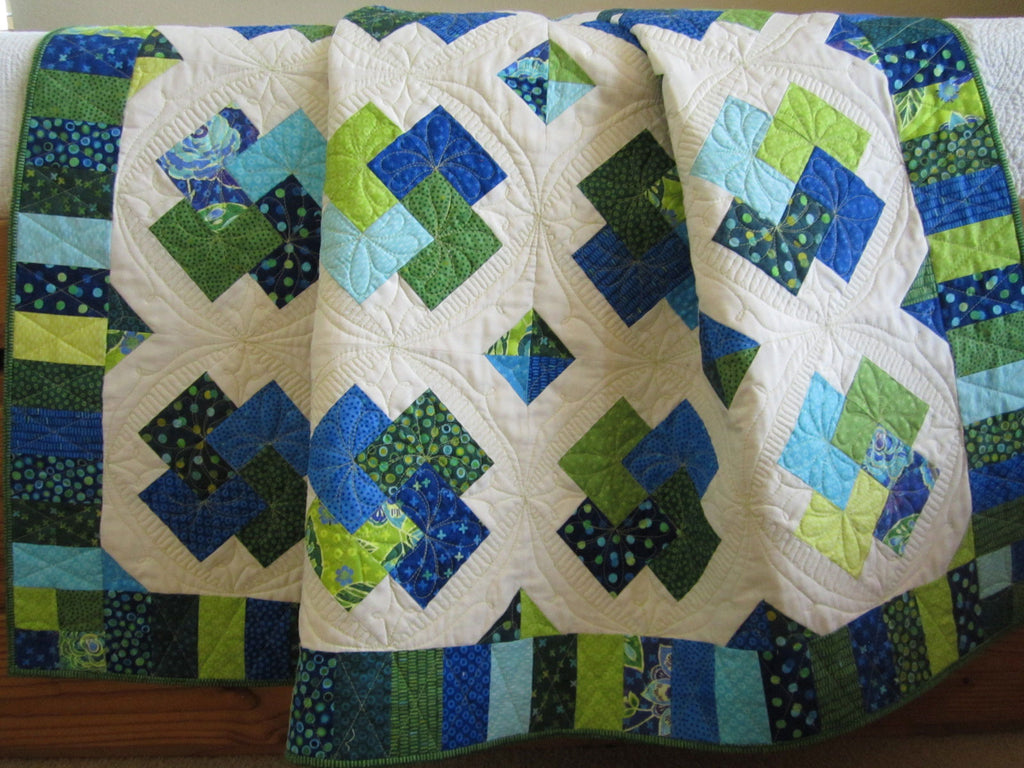 Patchwork Quilt In Bright Blue And Green Card Trick Quilt Patchwork Mountain