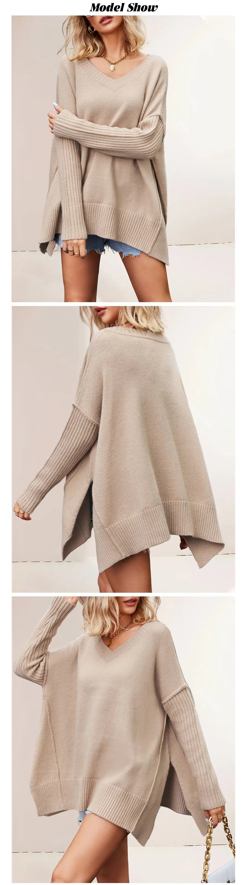 Beige sweater dress worn by a model on a plain background