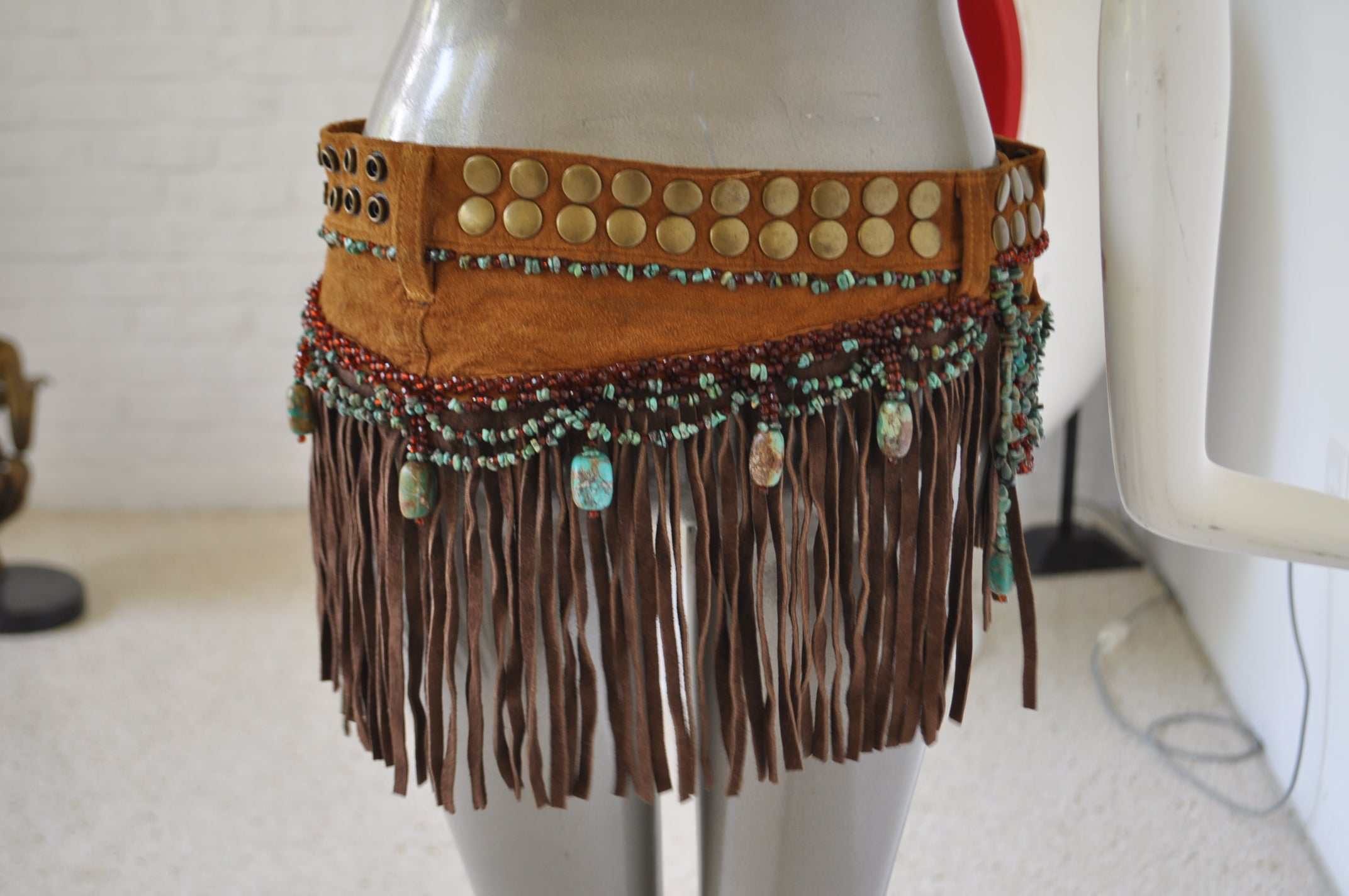 Fringed beaded belt with Turquise stoned and christal beads 80s Shanic ...