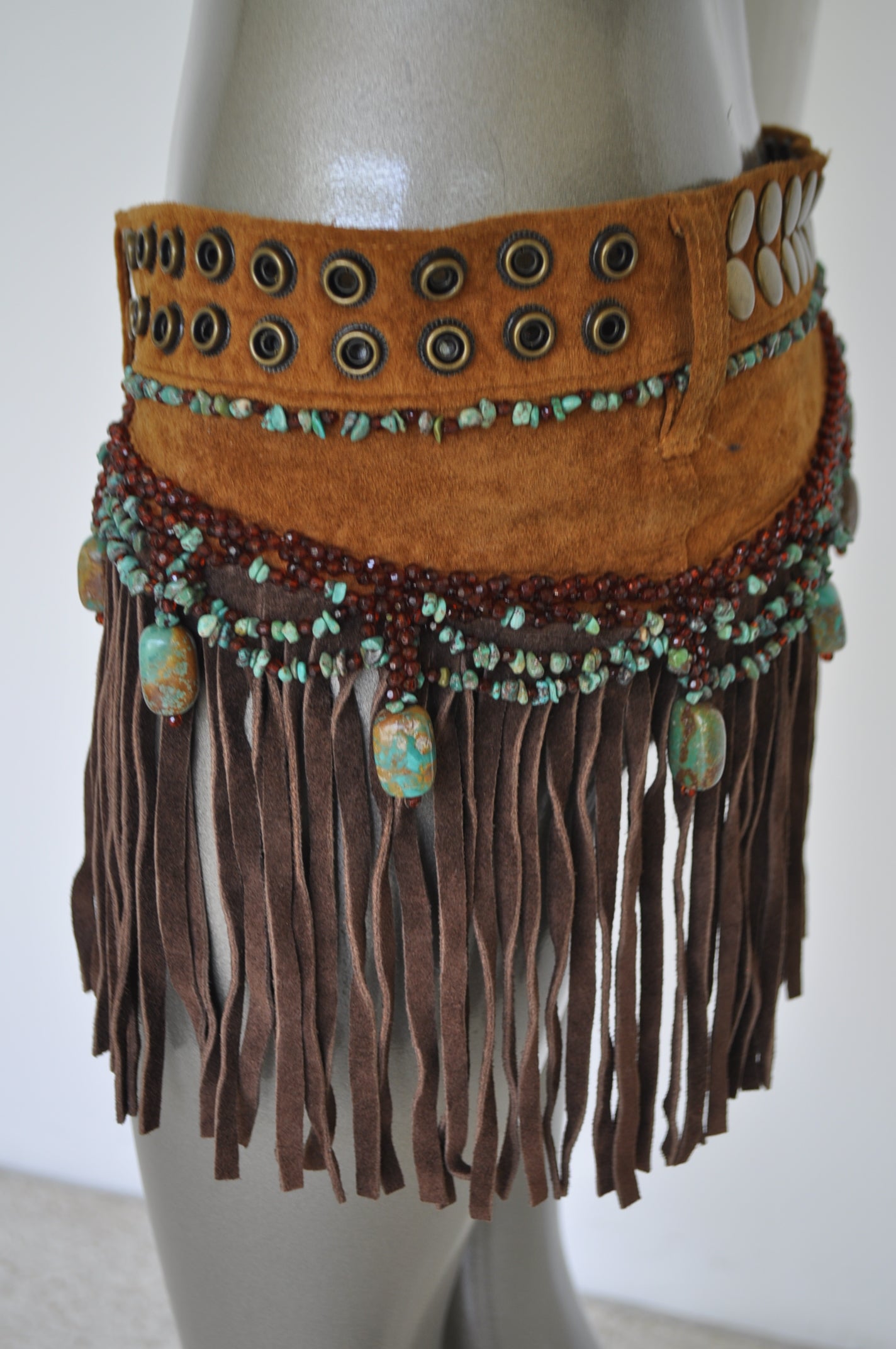 Fringed beaded belt with Turquise stoned and christal beads 80s Shanic ...