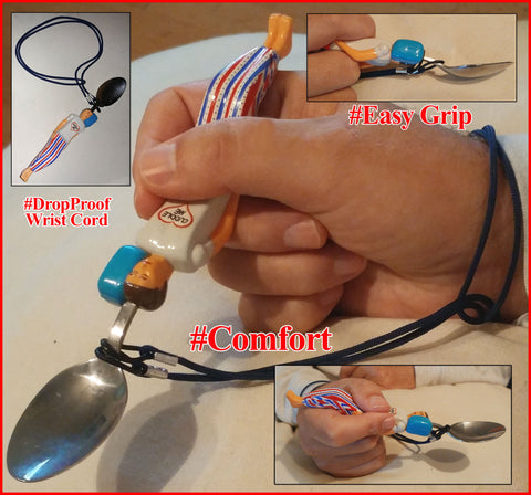 Cuddle Spoons with the drop proof wrist cord. A problem for many Disabled, Elderly and Children is eating on their own. 