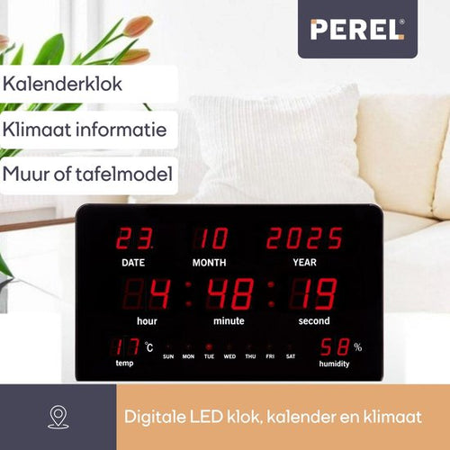 Perel Horloge murale numérique, affichage LED, calendrier, température, humidité, pour le bureau, l'atelier et la salle de classe, 37.5x25.5cm - 11da99aa9d1698e8194e23f62bf7020a1bc04620_Enriched_product_image