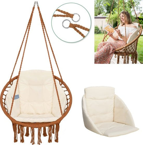 Vita5 Macram\u00e9 Fauteuil Suspendu - Pour Int\u00e9rieur et Ext\u00e9rieur - Sans Support - Incl. Coussin, Etag\u00e8re pour Livres et Housse de Protection - Jusqu'\u00e0 150kg - Marron/Beige - 1c23610d-3cf7-48e1-8e17-d24a13c13761